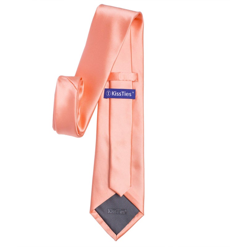 KissTies Mens Peach Satin Tie Set Solid Ties For Men Necktie + Pocket Square - Image 5